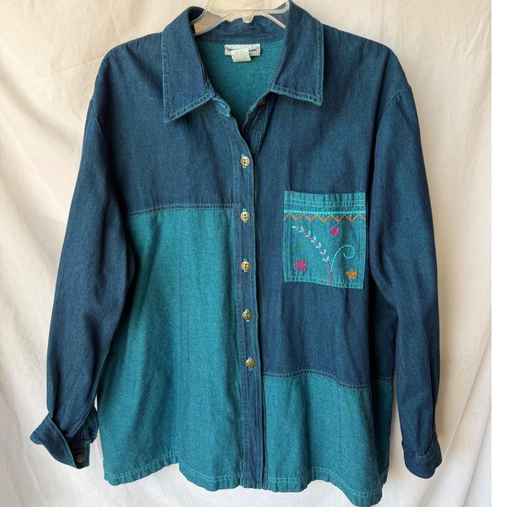 Vintage 100% Cotton Amica Shirt Teal Navy Colorblock Embroidered XL Petite